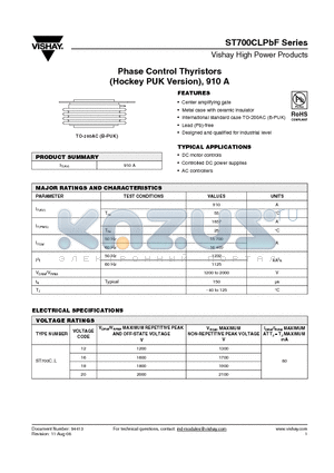 ST700C20L1LPBF datasheet - Phase Control Thyristors (Hockey PUK Version), 910 A