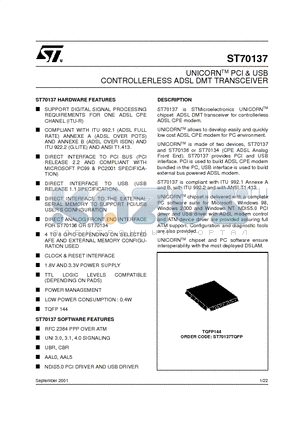 ST70137 datasheet - UNICORNTM PCI & USB CONTROLLERLESS ADSL DMT TRANSCEIVER