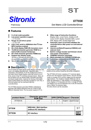 ST7036 datasheet - Dot Matrix LCD Controller/Driver