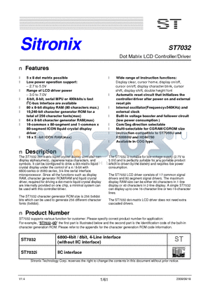 ST7032 datasheet - Dot Matrix LCD Controller/Driver