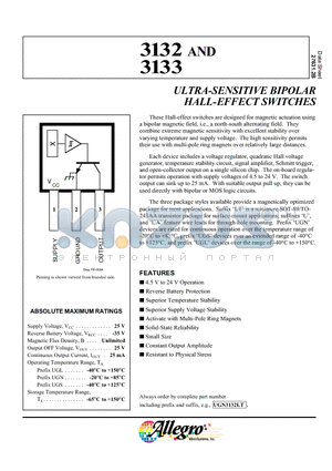 UGN3133U datasheet - ULTRA-SENSITIVE BIPOLAR HALL-EFFECT SWITCHES