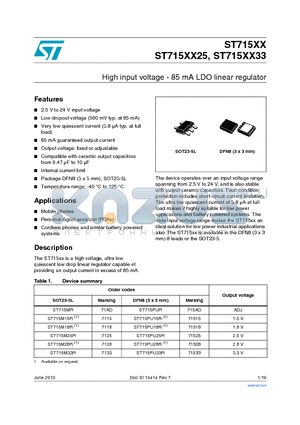 ST715M15R datasheet - High input voltage - 85 mA LDO linear regulator