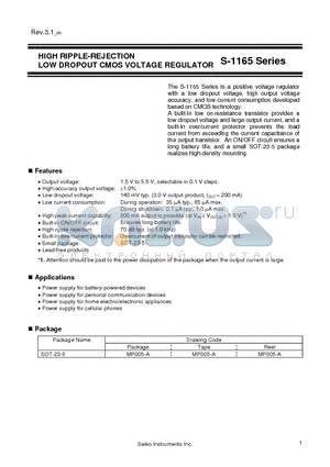 S-1165B29MC-N6OTFG datasheet - HIGH RIPPLE-REJECTION LOW DROPOUT CMOS VOLTAGE REGULATOR