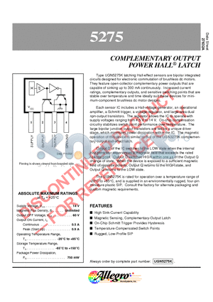 UGN5275K datasheet - COMPLEMENTARY OUTPUT POWER HALL LATCH