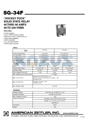 SG-34F datasheet - HOCKEY PUCK SOLID STATE RELAY 40 THRU 80 AMPS 48 TO 530 VRMS