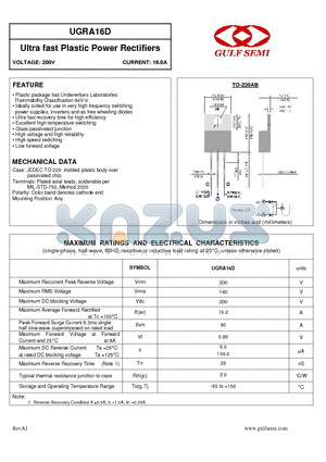 UGRA16D datasheet - Ultra fast Plastic Power Rectifiers VOLTAGE: 200V CURRENT: 16.0A