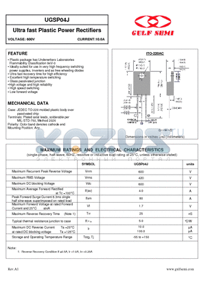 UGSP04J datasheet - Ultra fast Plastic Power Rectifiers VOLTAGE: 600V CURRENT:10.0A