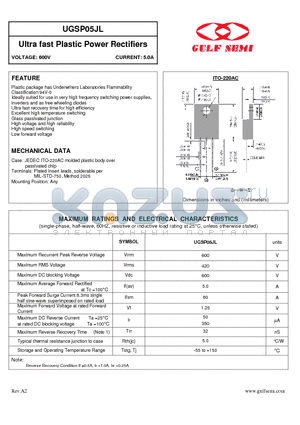 UGSP05JL datasheet - Ultra fast Plastic Power Rectifiers VOLTAGE: 600V CURRENT: 5.0A