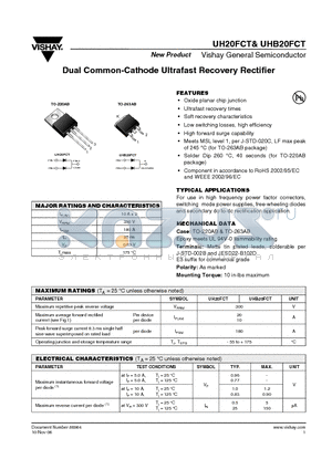 UH20FCT datasheet - Dual Common-Cathode Ultrafast Recovery Rectifier