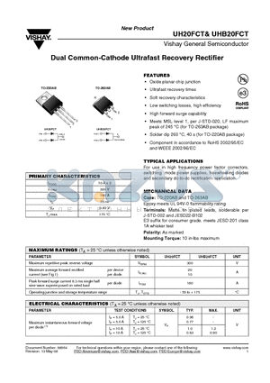 UH20FCT datasheet - Dual Common-Cathode Ultrafast Recovery Rectifier