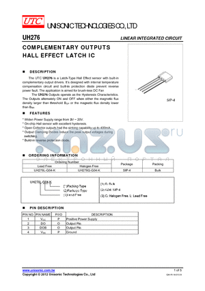 UH276 datasheet - COMPLEMENTARY OUTPUTS HALL EFFECT LATCH IC