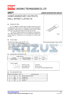 UH277 datasheet - COMPLEMENTARY OUTPUTS HALL EFFECT LATCH IC