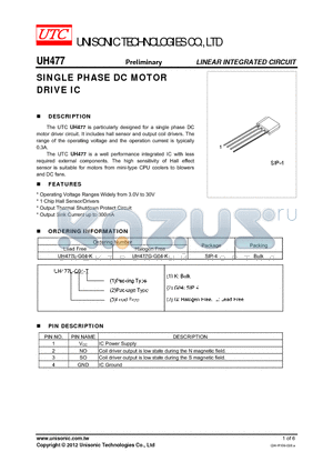 UH477 datasheet - SINGLE PHASE DC MOTOR DRIVE IC