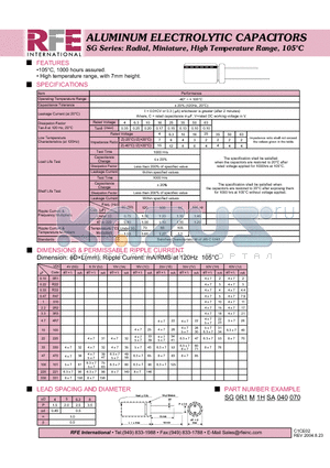 SG0R1M1HSA040070 datasheet - ALUMINUM ELECTROLYTIC CAPACITORS SG Series: Radial, Miniature, High Temperature Range, 105C