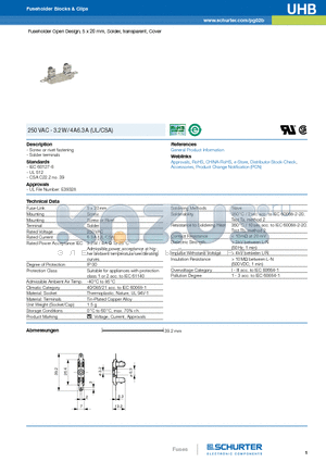 UHB datasheet - Fuseholder Open Design, 5 x 20 mm, Solder, transparent, Cover