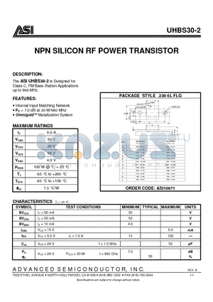UHBS30-2 datasheet - NPN SILICON RF POWER TRANSISTOR