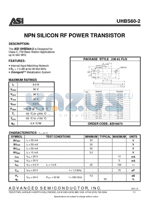 UHBS60-2 datasheet - NPN SILICON RF POWER TRANSISTOR