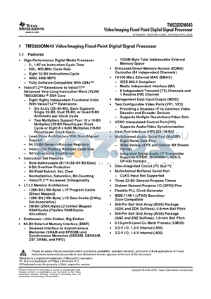 TMS320DM643ZDK600 datasheet - Video/Imaging Fixed-Point Digital Signal Processo