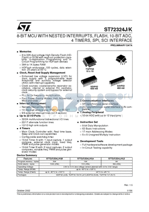 ST72324J2 datasheet - 8-BIT MCU WITH NESTED INTERRUPTS, FLASH, 10-BIT ADC, 4 TIMERS, SPI, SCI INTERFACE