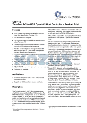 UHP112 datasheet - Two-Port PCI-to-USB OpenHCI Host Controller - Product Brief
