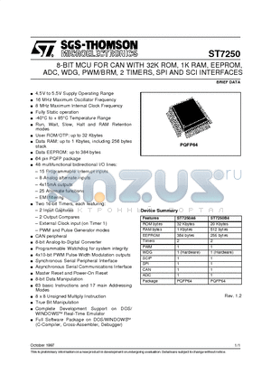 ST7250B4 datasheet - 8-BIT MCU FOR CAN WITH 32K ROM, 1K RAM, EEPROM, ADC, WDG, PWM/BRM, 2 TIMERS, SPI AND SCI INTERFACES