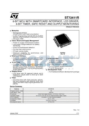 ST72411R datasheet - 8-BIT MCU WITH SMARTCARD INTERFACE, LCD DRIVER, 8-BIT TIMER, SAFE RESET AND SUPPLY MONITORING