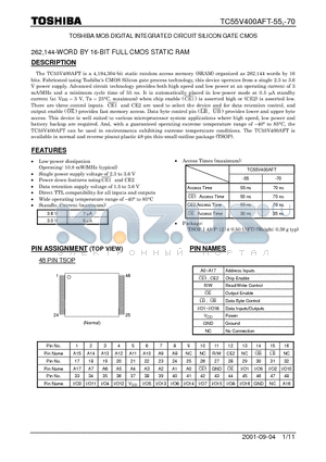 TC55V400AFT-70 datasheet - 262,144-WORD BY 16-BIT FULL CMOS STATIC RAM