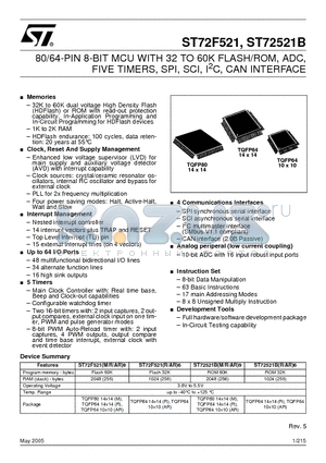 ST72521BAR6 datasheet - 80/64-PIN 8-BIT MCU WITH 32 TO 60K FLASH/ROM, ADC, FIVE TIMERS, SPI, SCI, I2C, CAN INTERFACE