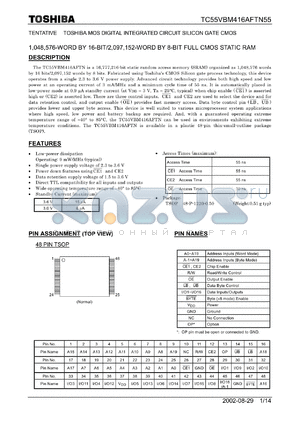 TC55VBM416AFTN55 datasheet - 1,048,576-WORD BY 16-BIT/2,097,152-WORD BY 8-BIT FULL CMOS STATIC RAM