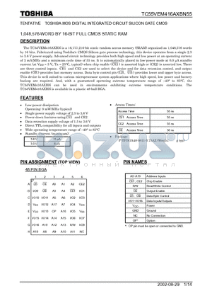 TC55VEM416AXBN55 datasheet - 1,048,576-WORD BY 16-BIT FULL CMOS STATIC RAM