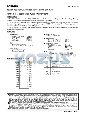 TC58A040 datasheet - 4 MBIT (4M x 1BITS) CMOS AUDIO NAND E2PROM