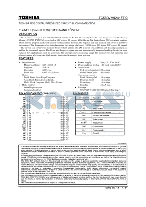 TC58DVM92A1FTI0 datasheet - TOSHIBA MOS DIGITAL INTEGRATED CIRCUIT SILICON GATE CMOS