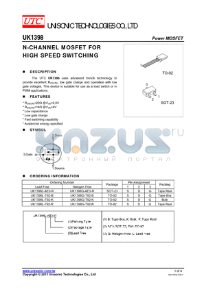 UK1398G-AE3-R datasheet - N-CHANNEL MOSFET FOR HIGH SPEED SWITCHING