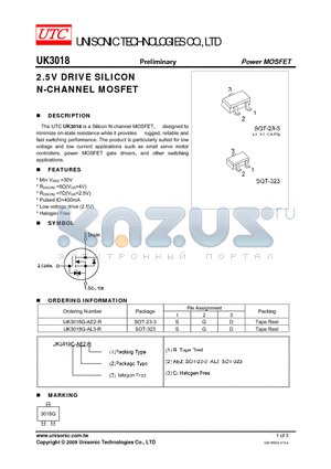 UK3018G-AE2-R datasheet - 2.5V DRIVE SILICON N-CHANNEL MOSFET