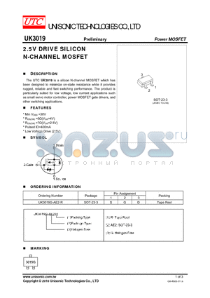 UK3019G-AE2-R datasheet - 2.5V DRIVE SILICON N-CHANNEL MOSFET