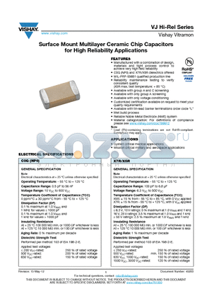 VJ1812 datasheet - Surface Mount Multilayer Ceramic Chip Capacitors for High Reliability Applications