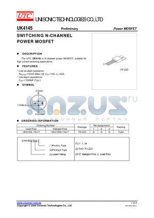 UK4145G-TA3-T datasheet - SWITCHING N-CHANNEL POWER MOSFET