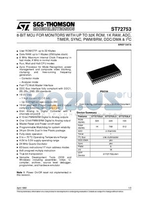 ST72753 datasheet - 8-BIT MCU FOR MONITORS WITH UP TO 32K ROM, 1K RAM, ADC, TIMER, SYNC, PWM/BRM, DDC/DMA & I2C