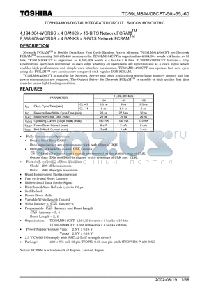 TC59LM814CFT-50 datasheet - 4,194,304 / 8,388,608-WORDS x 4 BANKS x 16 / 8-BITS Network FCRAM