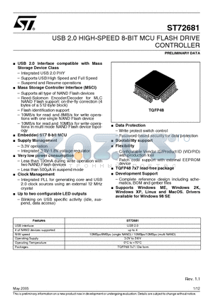 ST72681 datasheet - USB 2.0 HIGH-SPEED 8-BIT MCU FLASH DRIVE CONTROLLER