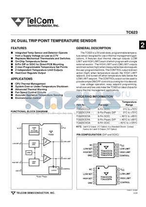 TC623CEPA datasheet - 3V, DUAL TRIP POINT TEMPERATURE SENSOR