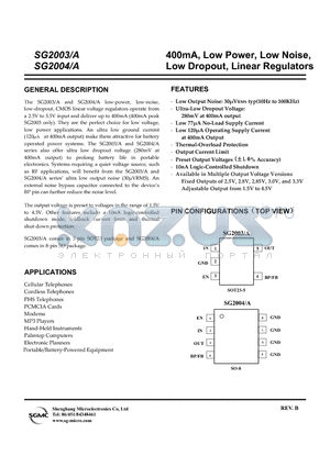 SG2003-3.3XN5/TR datasheet - 400mA, Low Power, Low Noise, Low Dropout, Linear Regulators