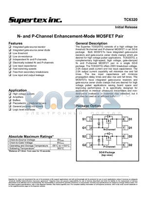 TC6320 datasheet - N- and P-Channel Enhancement-Mode MOSFET Pair