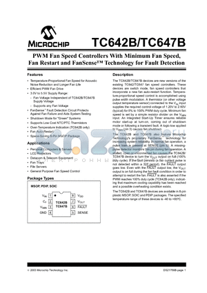 TC642BEUATR datasheet - PWM Fan Speed Controllers With Minimum Fan Speed, Fan Restart and FanSense Technology for Fault Detection