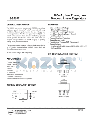 SG2012 datasheet - 400mA , Low Power, Low Dropout, Linear Regulators