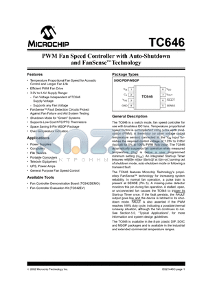 TC646EPA datasheet - PWM Fan Speed Controller with Auto-Shutdown and FanSense Technology