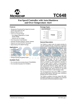 TC648EOA datasheet - Fan Speed Controller with Auto-Shutdown and Over-Temperature Alert