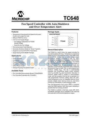 TC648 datasheet - Fan Speed Controller with Auto-Shutdown and Over-Temperature Alert