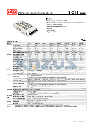 S-210-15 datasheet - 210W Single Output Swithching Power Supply