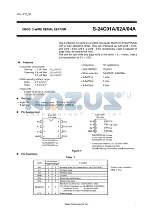 S-24C01ADPA-11-1A datasheet - CMOS 2-WIRE SERIAL EEPROM